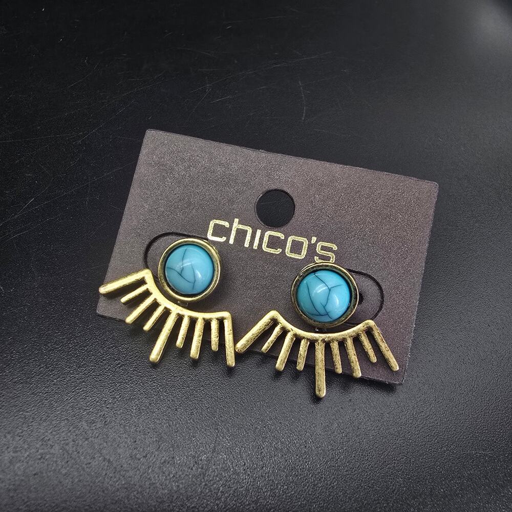 Chico's Boho Gold Tone Faux Turquoise Earrings Stud with Jacket MWT On Card